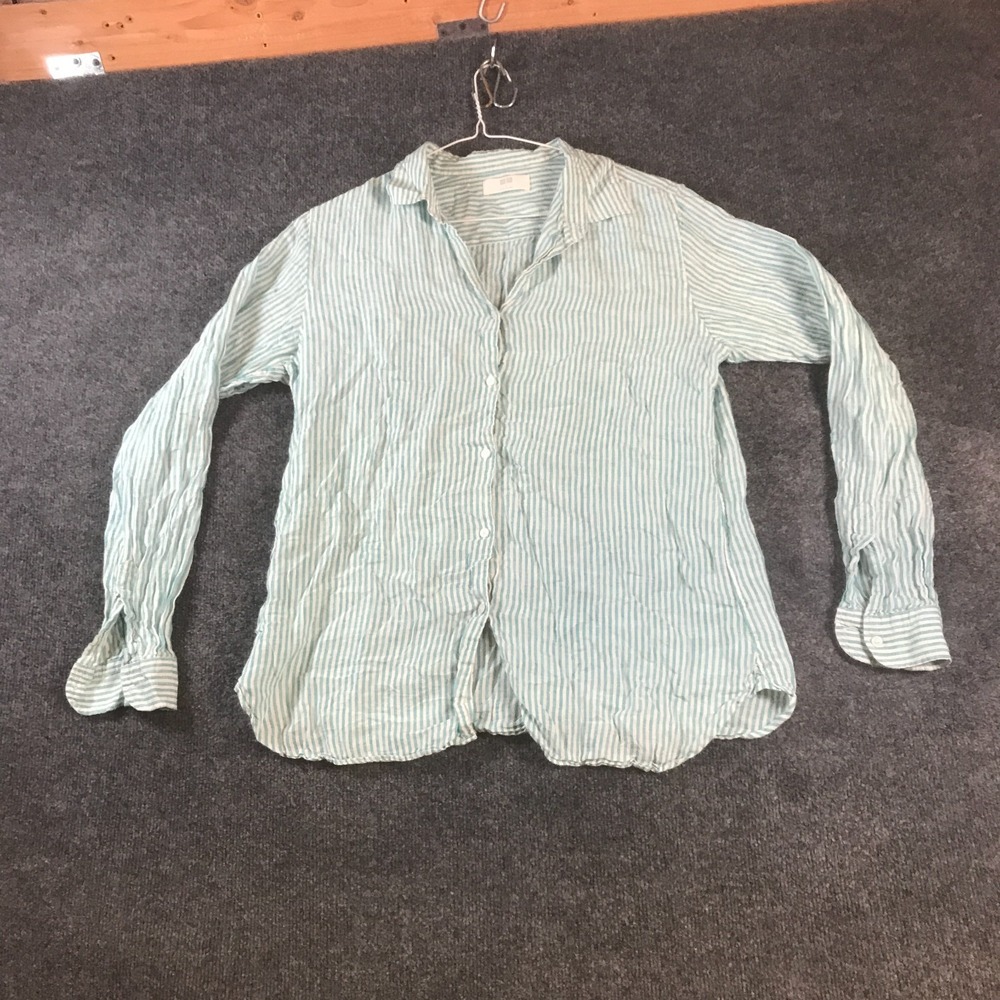 Uniqlo Shirt Womens Large White Mint Striped Linen Collared Button Up Everyday